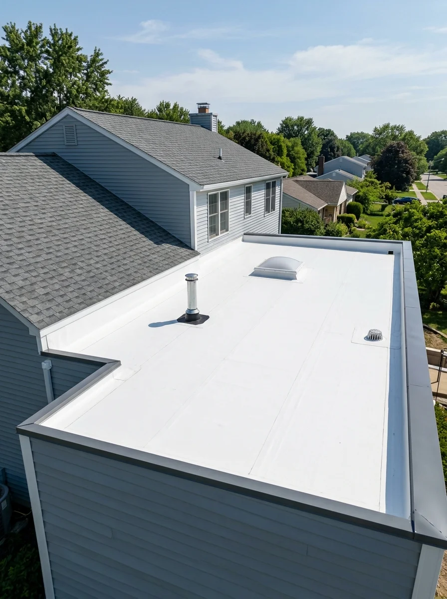Flat low-slope membrane roof on a home addition in New Jersey