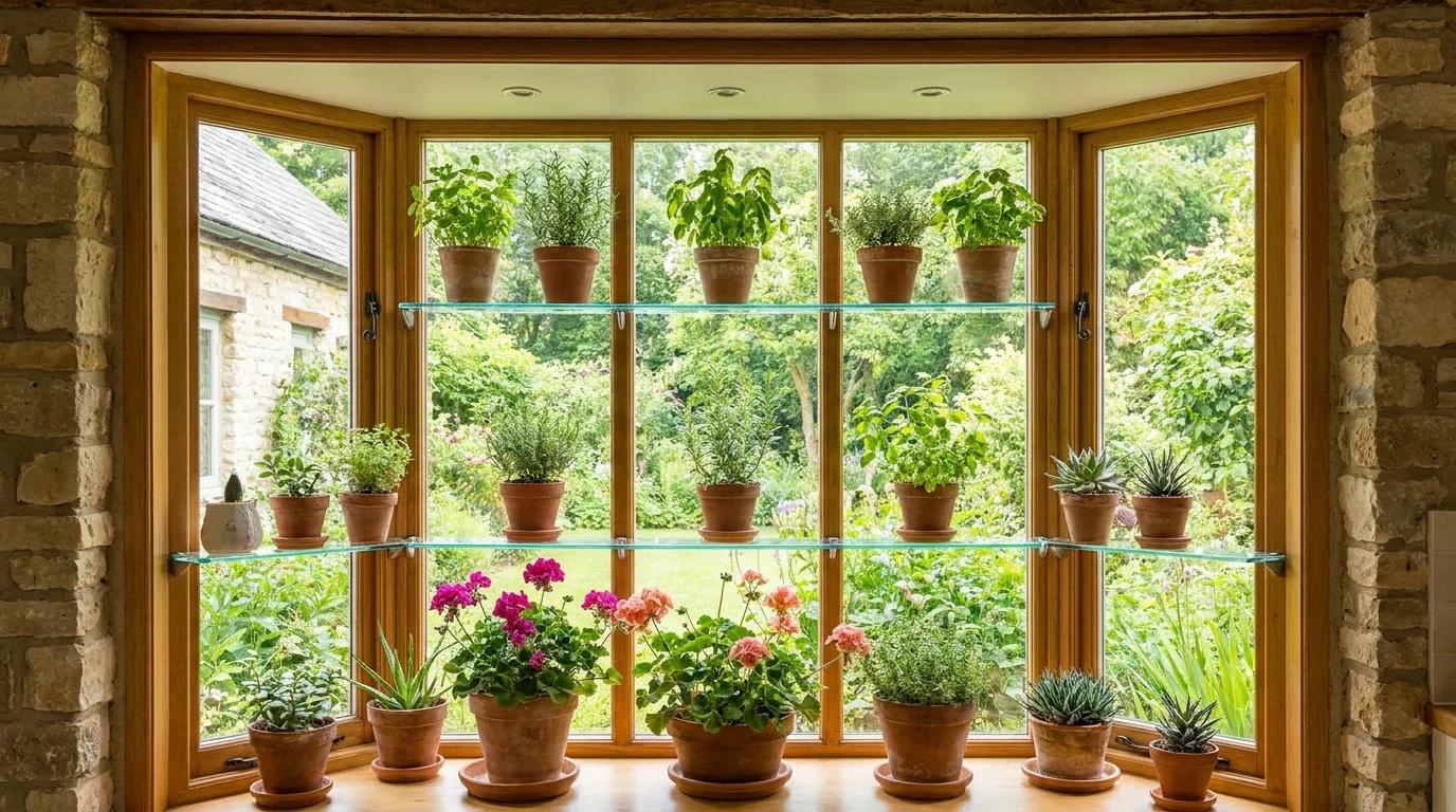 Garden window with potted herbs above a kitchen sink
