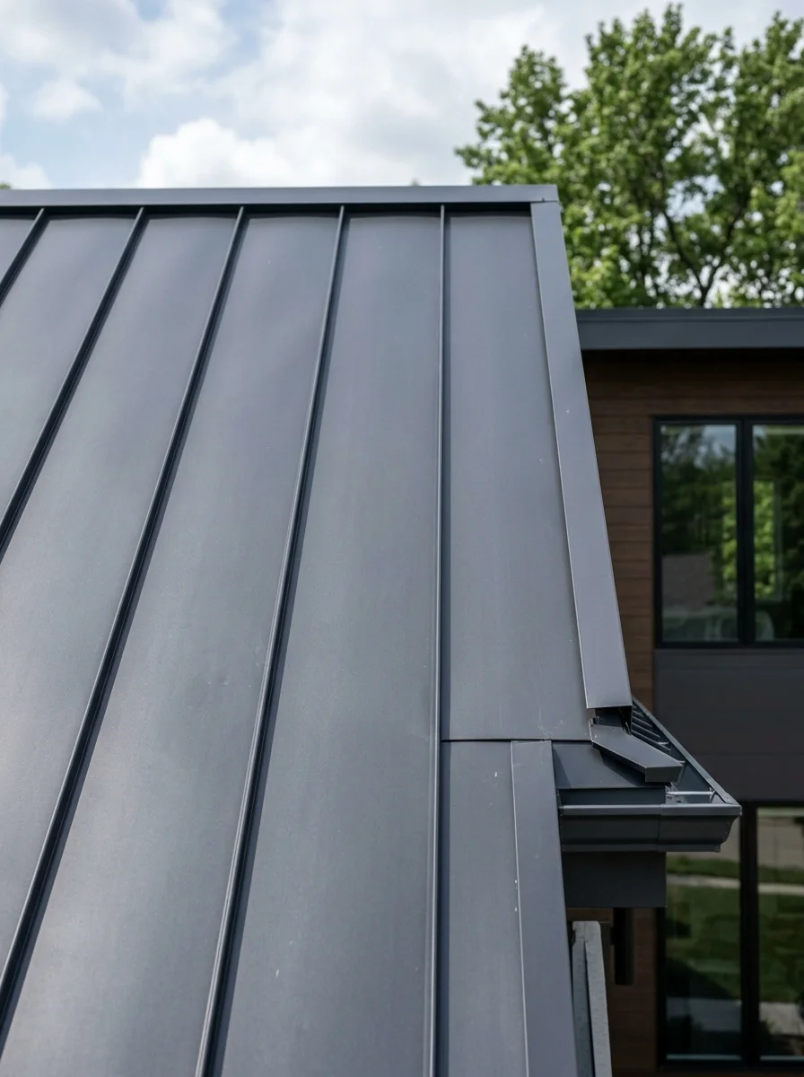 Dark gray standing seam metal roof on a modern New Jersey home