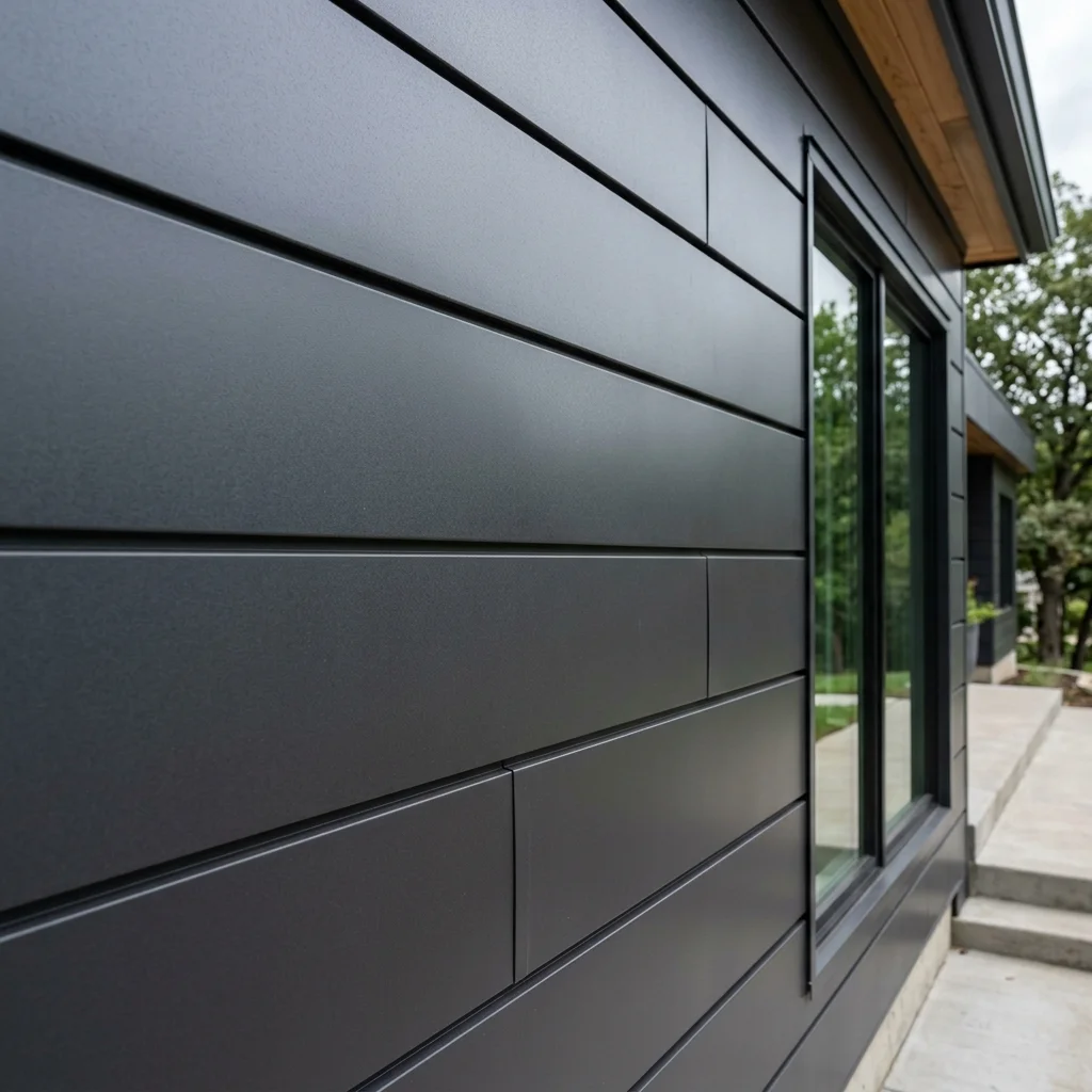 Dark gray metal panel siding on a modern home exterior