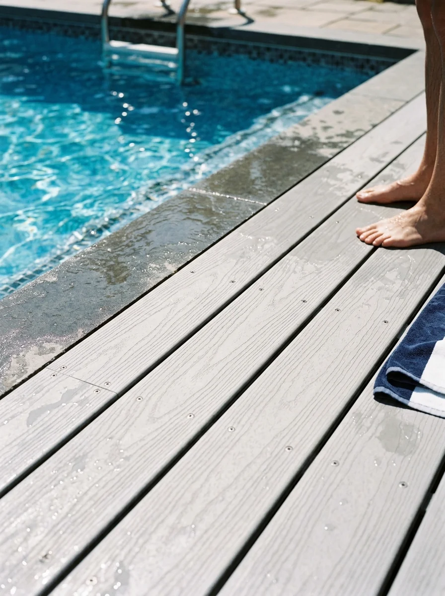White PVC deck boards near a pool on a New Jersey property