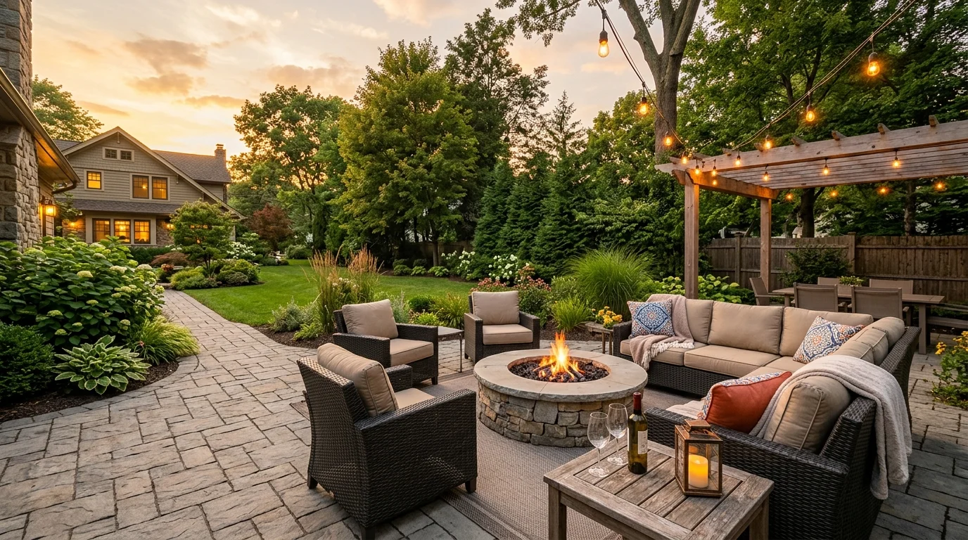 Paver patio with outdoor seating in a New Jersey backyard