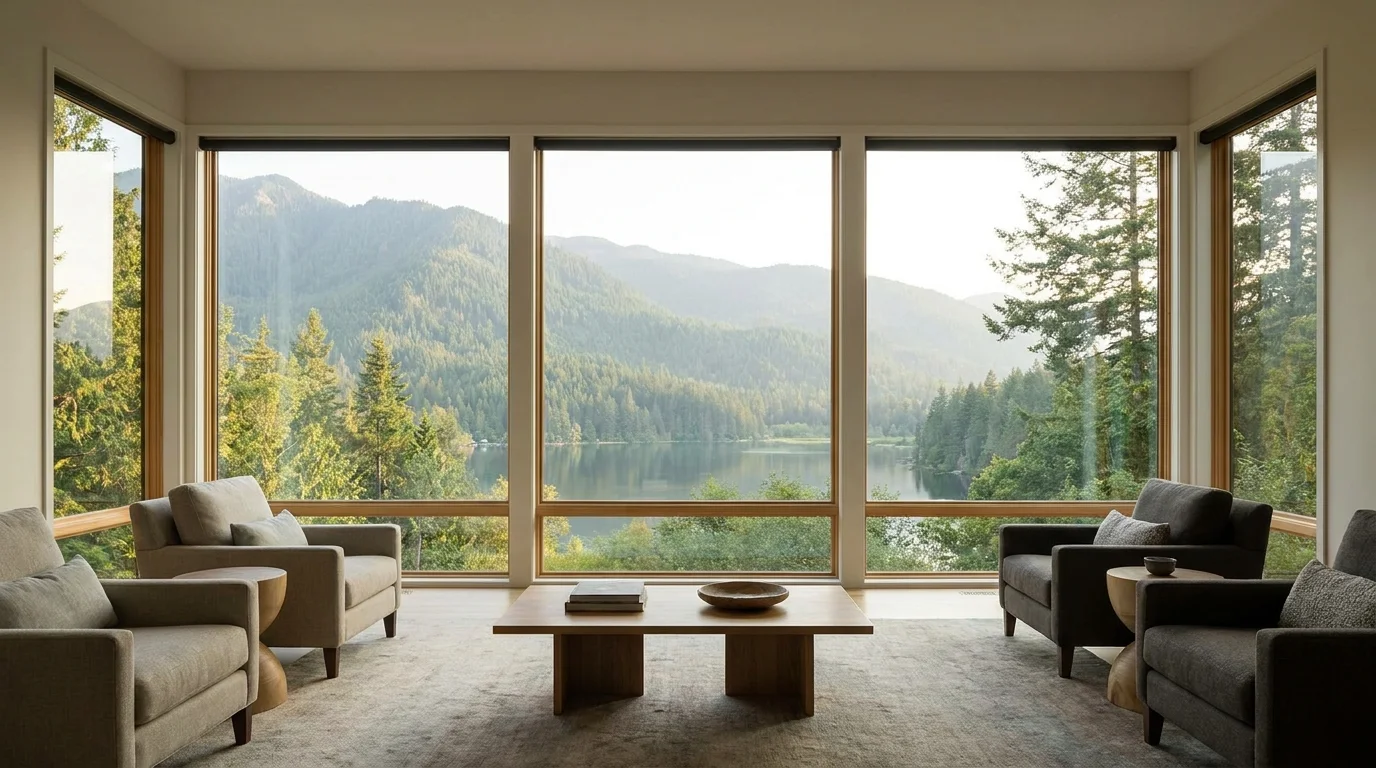 Large picture window framing a backyard view