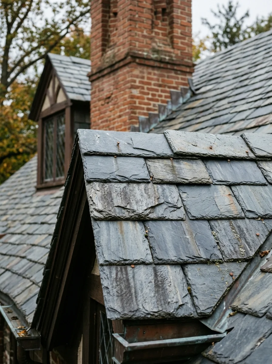 Natural gray slate tile roof on a historic New Jersey home