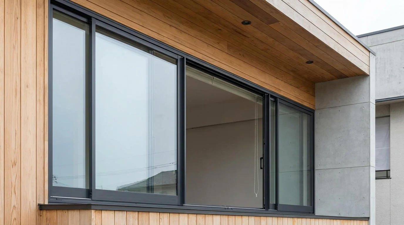 Wide sliding window in a modern basement room