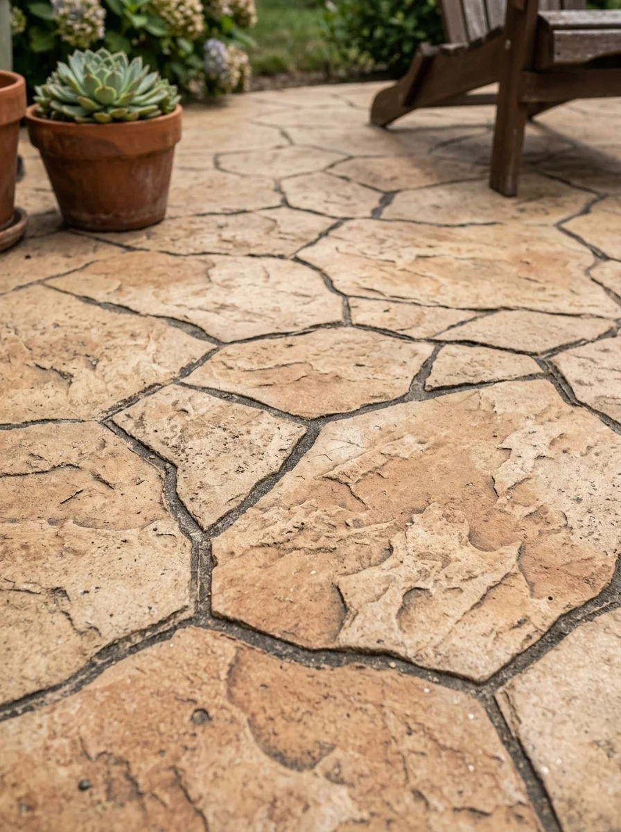 Stamped concrete patio designed to look like natural stone