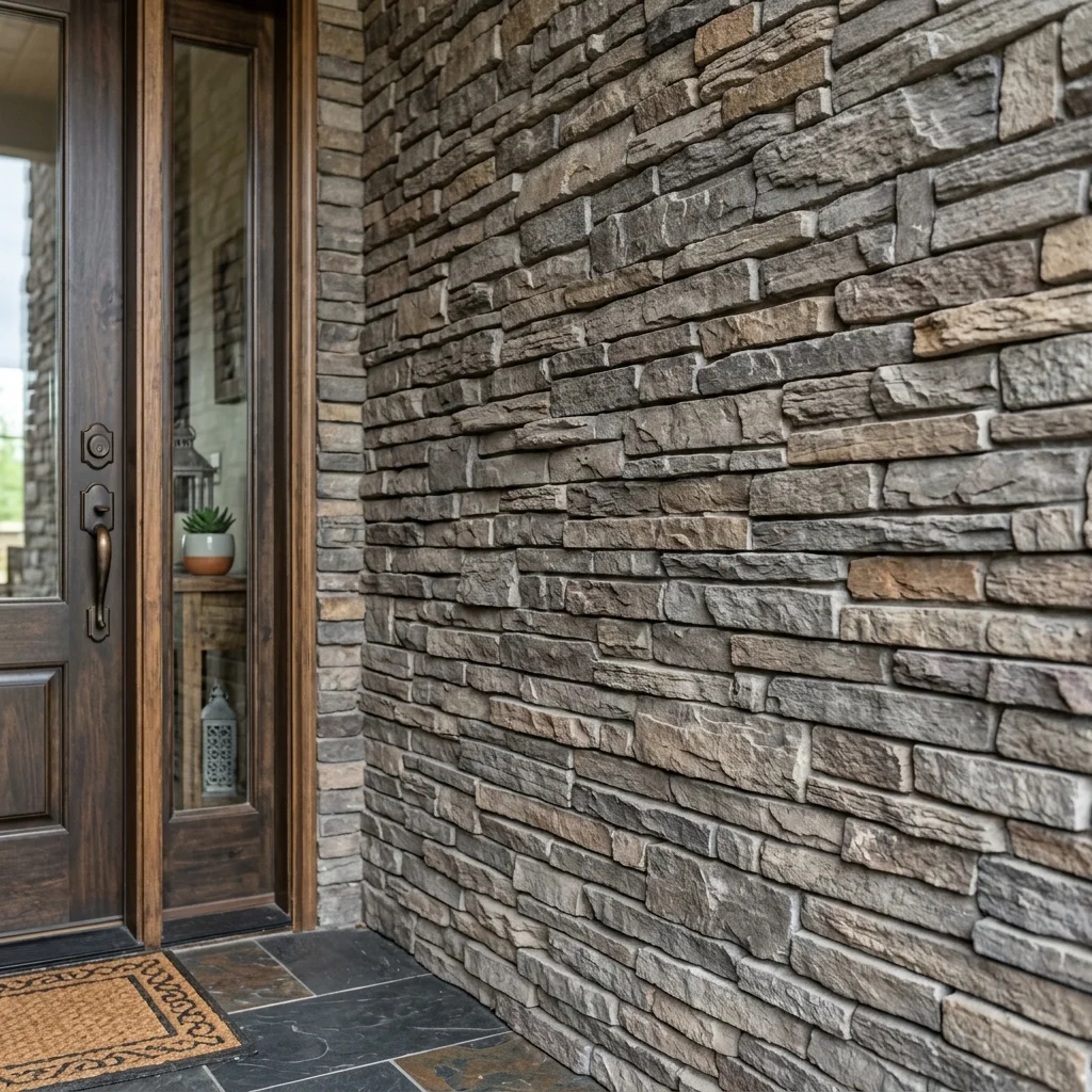 Manufactured stone veneer accent on a home entryway