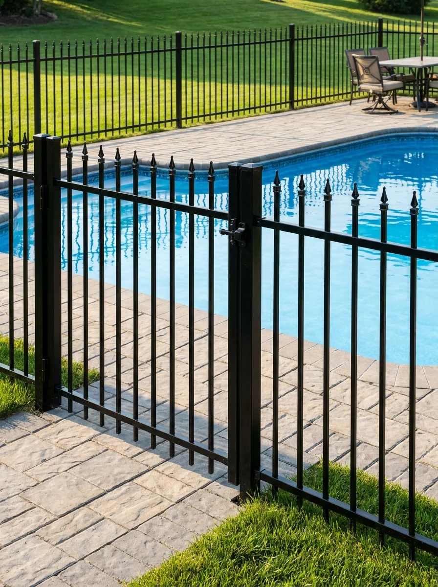 Black aluminum fence around a yard and pool