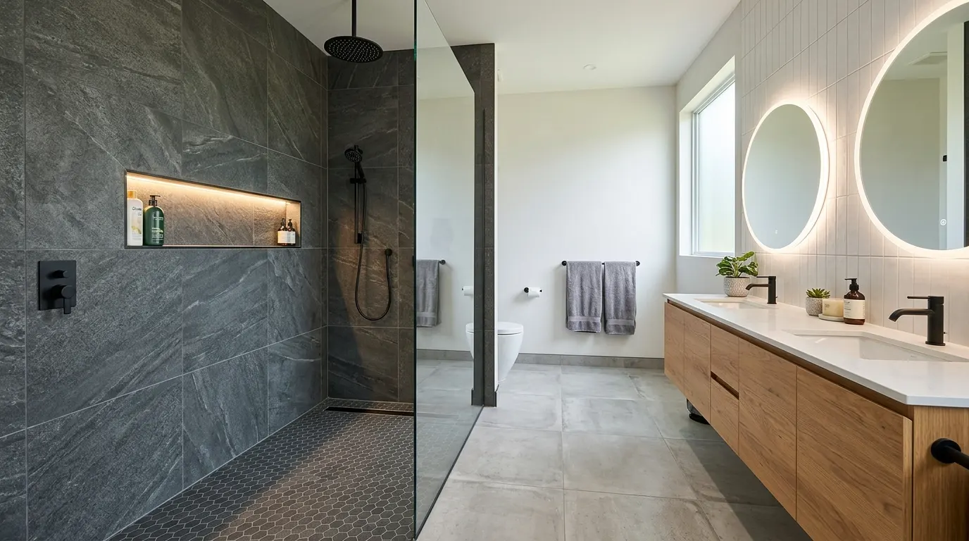Bathroom with tiled shower walls and floor