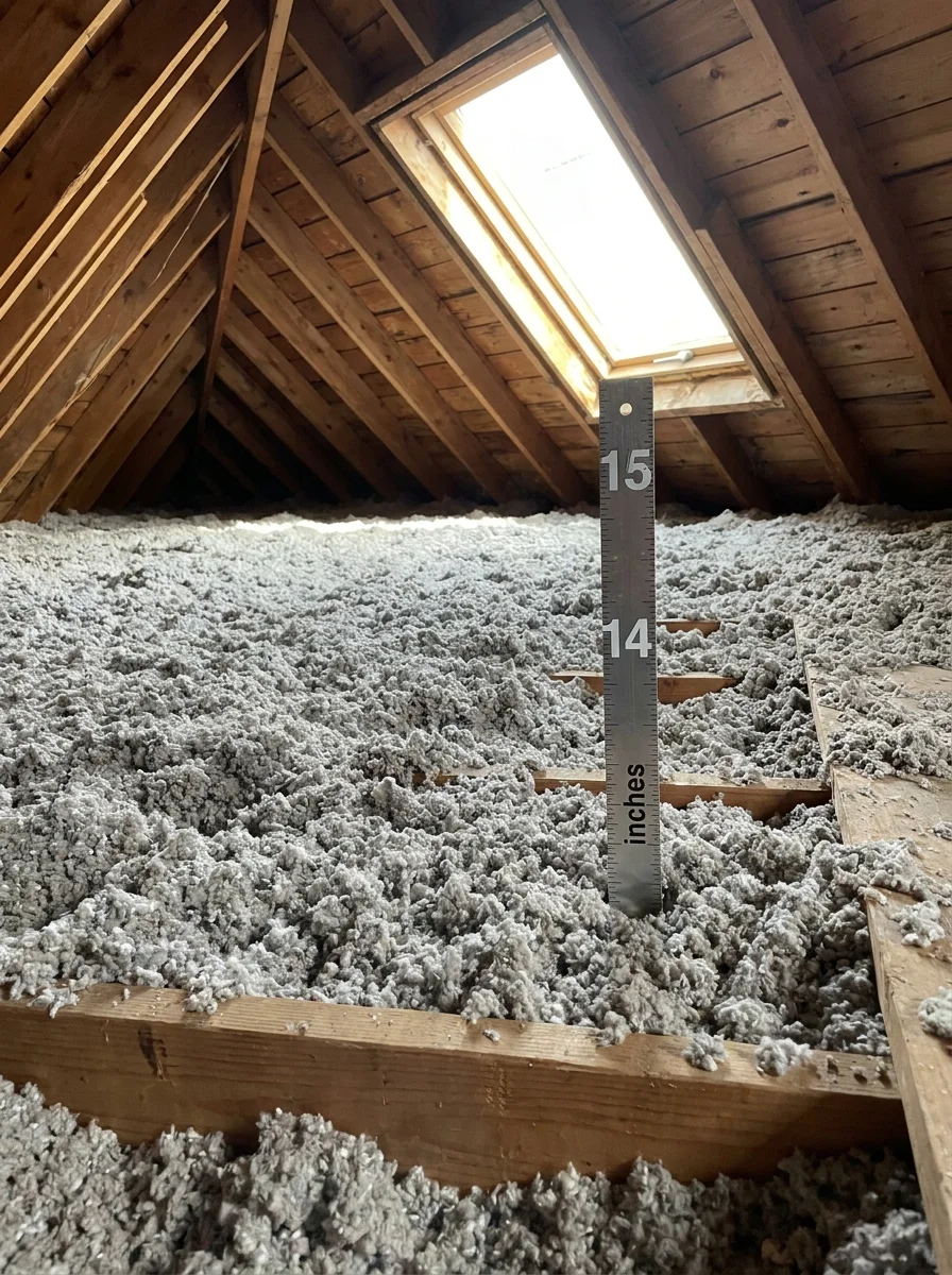 Blown-in cellulose insulation in an attic