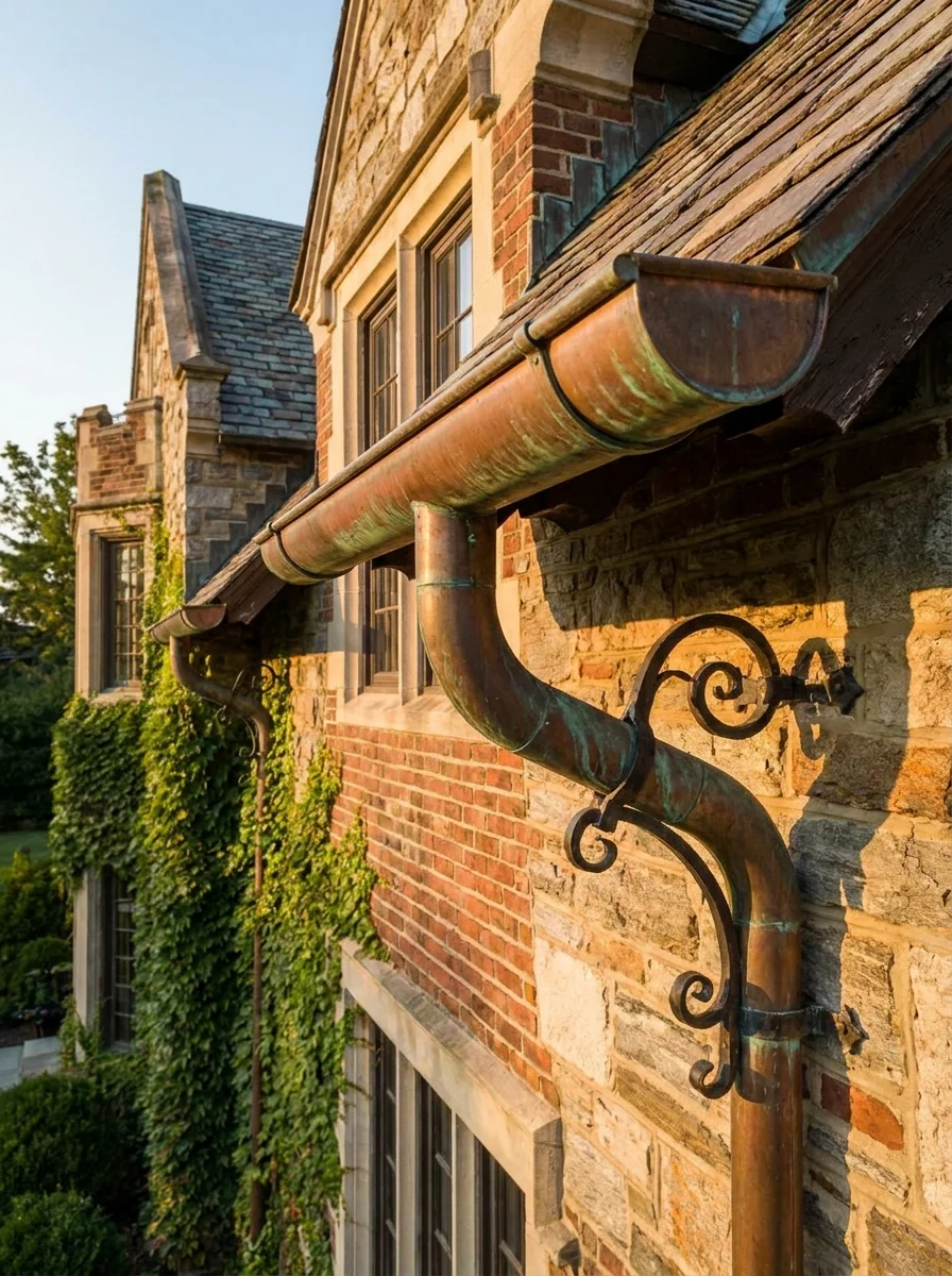 Half-round copper gutters on a historic home