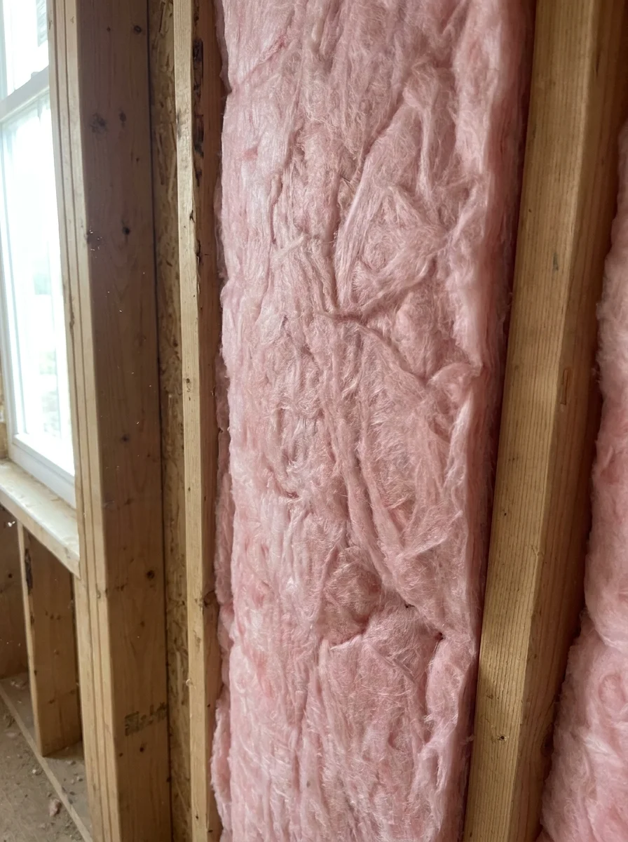 Fiberglass insulation batts between wall studs