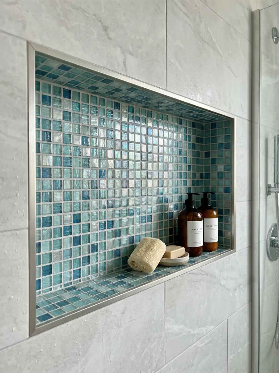 Glass mosaic tile in a shower niche
