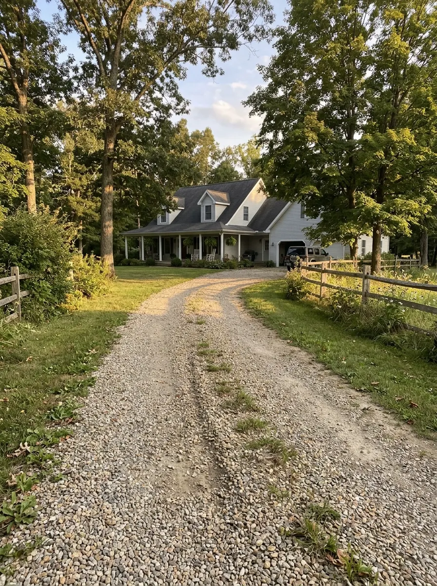 Gravel driveway leading to a house