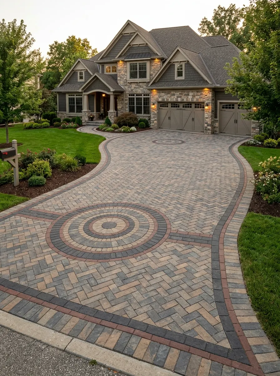 Paver driveway with a decorative pattern