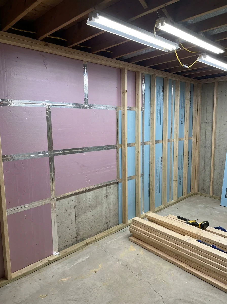Rigid foam board insulation on a basement wall
