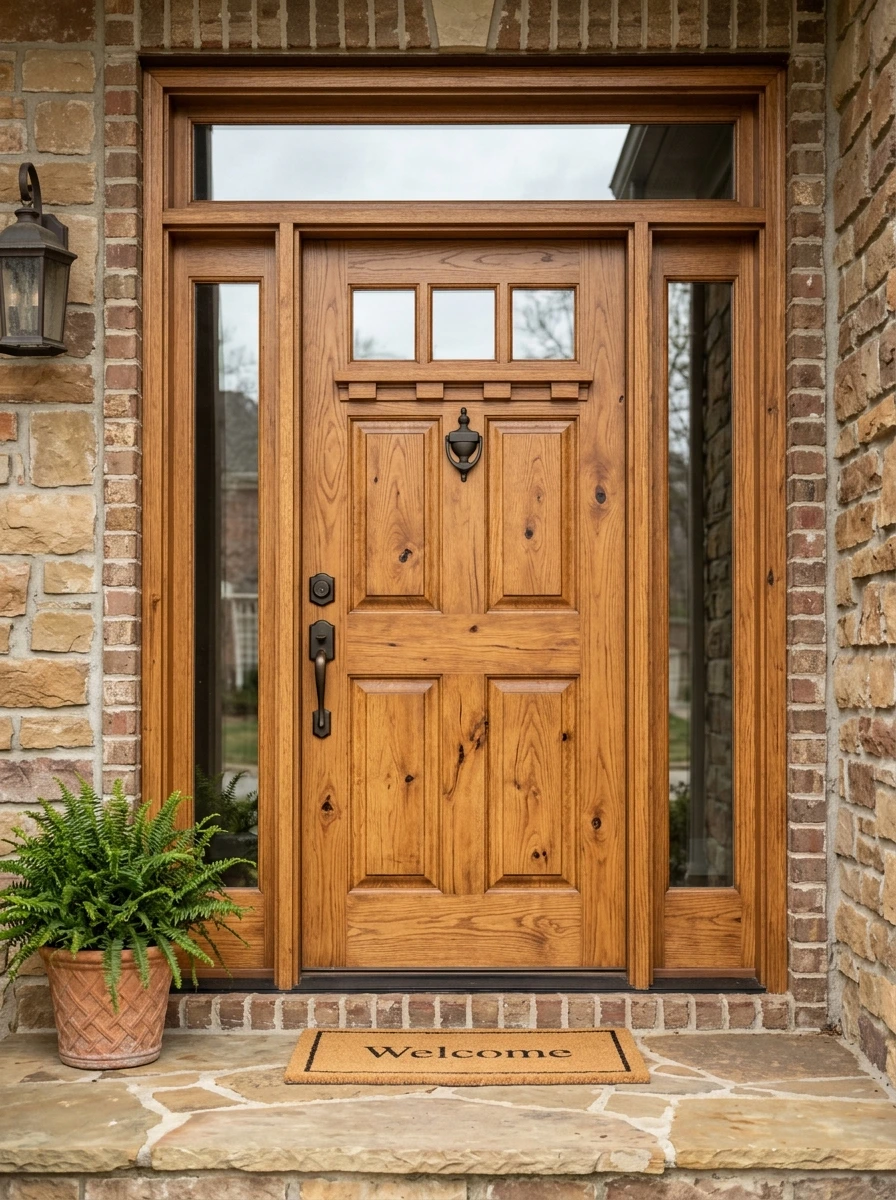 Solid wood entry door with glass panels