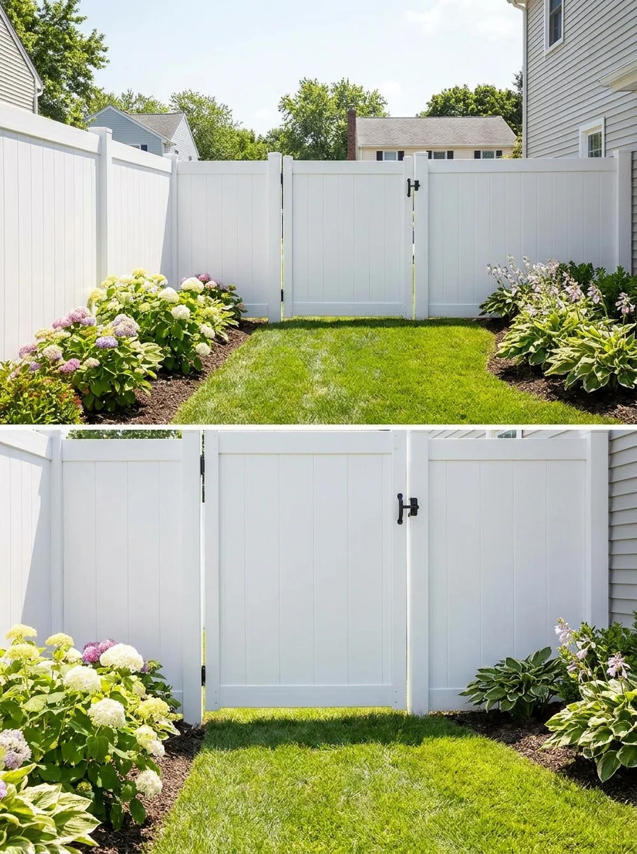 White vinyl privacy fence around a backyard